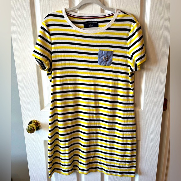 Tommy Hilfiger Sunflower & Blue Stripe Chambray Pocket T-Shirt Dress sz L - Picture 2 of 8
